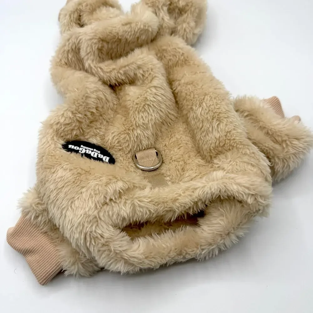 NEW DaDaGou Plush Dog Jumpsuit Beige Teddy Fleece Pet Pajamas Harness Medium